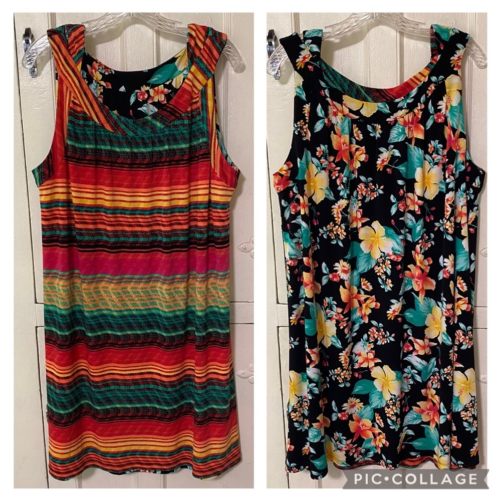 Rafaella Women's Reversible Red Green Yellow Stripe/ Black Floral Dress Size 2X